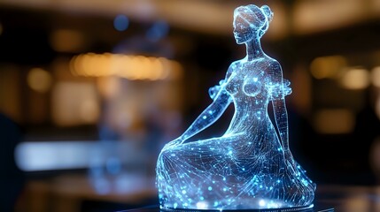 Aufkleber - Glowing blue hologram silhouette of woman in dress with constellation effect against dark background, futuristic technology concept for presentations.