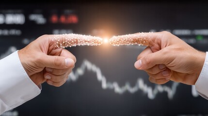 Poster - Market Connection: Two hands reach out, fingers nearly touching, against a backdrop of fluctuating financial data, creating a striking metaphor for collaboration, innovation.