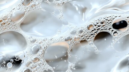 Poster - Abstract white and beige liquid surface with bubbles and foam creating delicate lace-like patterns and textures. Macro photography reveals intricate details.