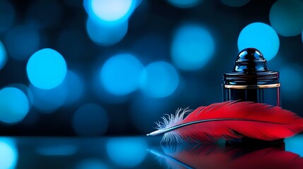 Poster - Red feather resting on glass surface against dark background with blue bokeh lights creating dreamy atmospheric composition for decorative design projects.