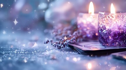 Poster - Glowing purple candles in decorative holders with lavender sprigs create magical ambiance against sparkly bokeh background, romantic holiday atmosphere.