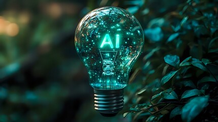 Poster - Glowing turquoise light bulb with AI text against dark nature background, symbolizing artificial intelligence innovation and green technology solutions.