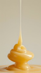 Poster - Thick golden honey dripping and forming a swirling shape against neutral background, capturing liquid motion and viscosity in soft natural lighting.