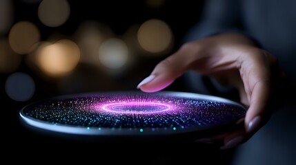 Poster - Glowing pink and blue spiral light effect on dark background with hand touching futuristic holographic display, magical sparkles and bokeh elements.