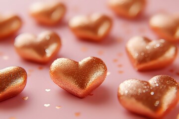 Poster - Metallic rose gold hearts with glitter texture scattered on pink background, romantic festive decoration for valentines day and wedding design elements.