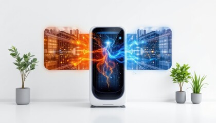 Poster - An innovative device with vibrant graphics and a futuristic design. The sleek device is placed between two potted plants, creating a visually stunning scene.