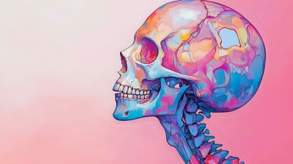 Poster - Colorful anatomical skull and neck bones in vibrant gradient pink and blue colors against pink background, artistic medical illustration for educational purposes.