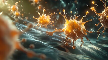 Poster - Microscopic view of glowing orange virus cells floating in blue fluid environment, showing detailed spike proteins and cellular structure in dramatic lighting.