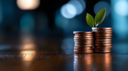 Poster - Growing plant sprout on stacked coins against blurred blue background, representing financial growth, investment success and sustainable business development.