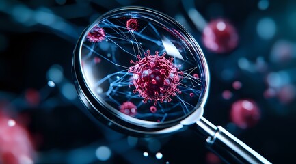 Poster - Magnifying glass revealing detailed structure of virus cell with spikes in blue and pink colors against dark background, scientific research concept.