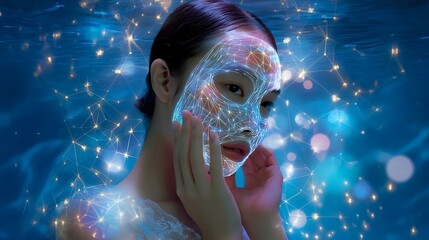 Poster - Futuristic glowing mask overlay on Asian woman's face against dark blue background with magical light effects and sparkles creating ethereal atmosphere.