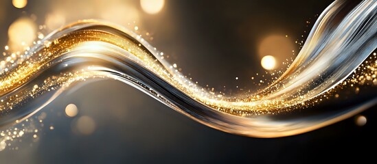 Poster - Elegant flowing golden and silver waves with sparkling glitter particles and bokeh effects on dark background create luxurious abstract design element.