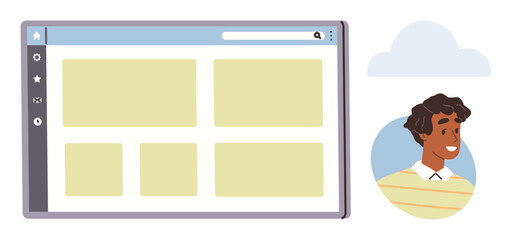 Web browser with a grid layout alongside smiling users profile avatar and cloud icon. Ideal for user interface design, digital solutions, web exploration, online profiles, connectivity, modern
