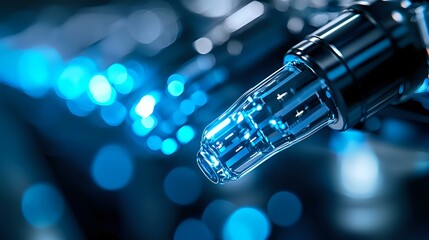 Poster - Macro shot of fiber optic cable end with blue light bokeh background showing digital data transmission and network connectivity concept.