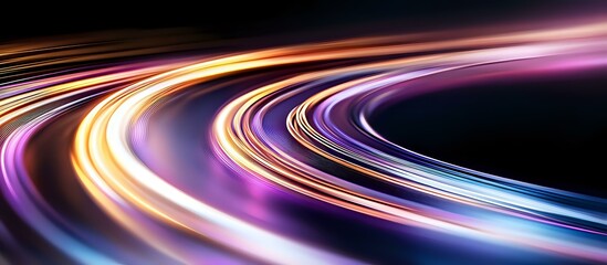 Poster - Curved light trails in motion creating dynamic streaks of orange, purple, and blue colors against dark background, abstract long exposure effect for technology concepts.