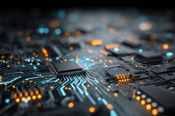 Poster - Close-up view of a circuit board showcasing intricate details and glowing elements in a dark setting