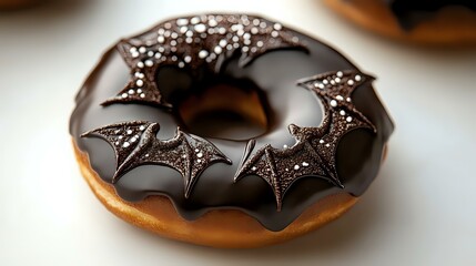 Poster - Chocolate glazed donut decorated with dark bat wings pattern made with chocolate sprinkles on brown background, Halloween themed dessert treat.
