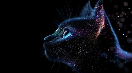 Poster - Mystical black cat profile with glowing blue eyes and cosmic sparkles against dark background, creating magical galaxy effect in fur and whiskers.