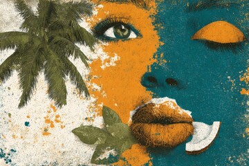 Aufkleber - Woman's face art with vibrant tropical colors and nature elements reflecting warmth and beauty of summer