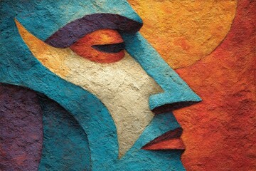 Leinwandbilder - Colorful abstract mural depicting a tranquil face against a vibrant background in an urban setting