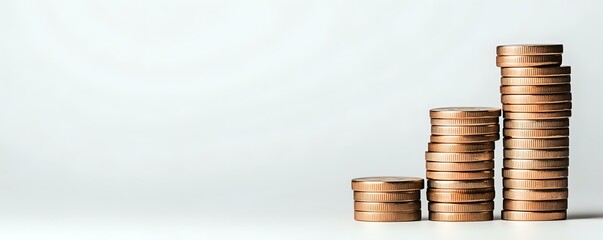 Poster - Growing stacks of bronze coins showing financial growth and investment progress on light neutral background, minimalist composition for business concepts.