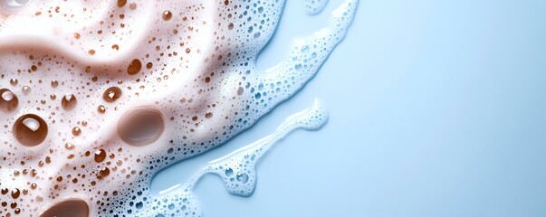 Poster - Luxurious foam texture with pink and blue gradient colors merging in abstract pattern, macro photography of soap or cosmetic product background with bubbles.