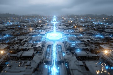 Poster - Futuristic cityscape illuminated by blue lights and energy flow during twilight