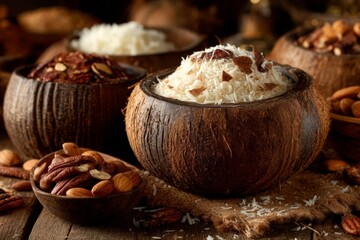 Aufkleber - Delicious assortment of rice and nuts presented in rustic coconut bowls at a cozy dining setting