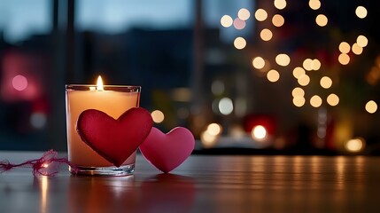 Poster - Romantic glowing candle in glass holder with red paper hearts against blurred bokeh lights background, creating cozy Valentine's Day atmosphere.