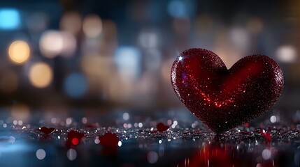 Poster - Red glittery heart on reflective surface with bokeh lights background creates romantic atmosphere. Suitable for Valentine's Day cards and love-themed designs.
