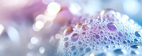 Poster - Macro shot of soap bubbles with iridescent rainbow colors and bokeh effect on blurred background, creating dreamy abstract texture for creative designs.