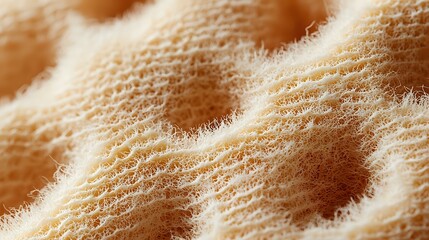 Poster - Extreme macro close up of beige woolen fabric texture showing detailed fibers and soft material structure. Natural textile background pattern.
