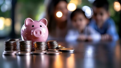Poster - Pink ceramic piggy bank with stacked coins on wooden table against blurred background with bokeh lights, representing savings and financial planning.