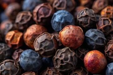 Aufkleber - Colorful spices piled together showcasing a vibrant array of textures and shades in a close-up view during an afternoon