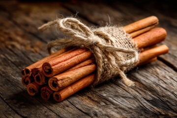Aufkleber - Cinnamon sticks bundled with twine on rustic wooden surface