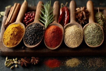 Aufkleber - Colorful assortment of spices arranged in wooden spoons on a dark background highlighting various flavors and aromas in culinary preparation