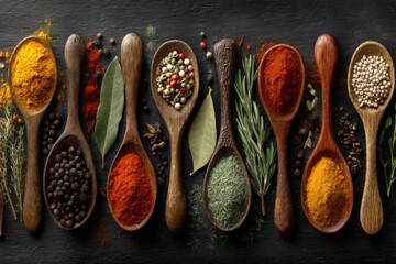 Aufkleber - Colorful array of spices arranged in wooden spoons on a dark background highlighting culinary diversity and flavors