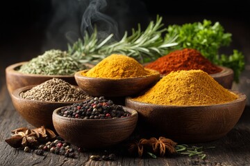 Aufkleber - Vibrant spices arranged in wooden bowls on a rustic table showcasing culinary diversity and flavor