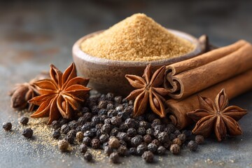 Aufkleber - Freshly harvested spices with brown sugar, cinnamon sticks, and star anise, arranged beautifully on a textured surface