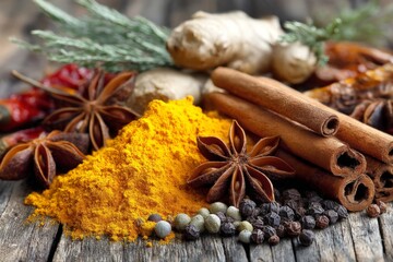 Aufkleber - Colorful spices and herbs arranged on a wooden surface showcasing their vibrant textures and rich aromas for culinary inspiration