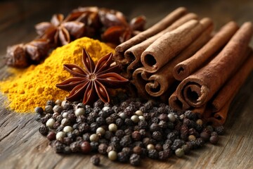 Aufkleber - Colorful spices arranged artistically on a wooden surface showcasing culinary ingredients and their textures