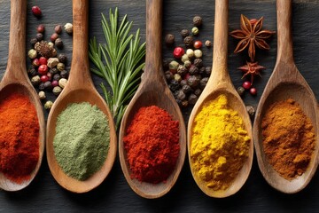 Aufkleber - Colorful spices arranged in wooden spoons on a dark surface showcasing culinary diversity and flavor enhancement