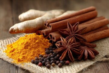 Aufkleber - Vibrant spices and herbs arranged on a rustic wooden surface showcasing culinary ingredients for flavorful cooking