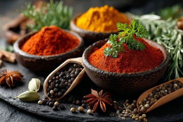Aufkleber - Colorful spices arranged in bowls on a dark surface with herbs and seeds displayed around them