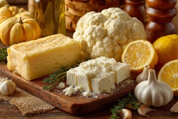 Poster - Cheese and vegetables arranged on a wooden board with garlic, lemon, and fresh herbs in a rustic kitchen setting