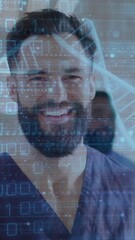 Poster - Animation of data processing and dna strands over caucasian male doctor working in hospital