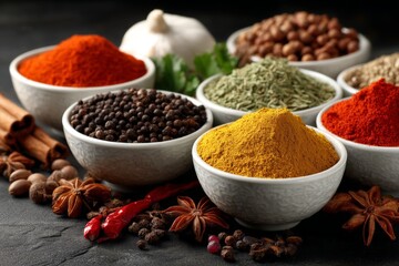 Aufkleber - Colorful collection of spices displayed in bowls on a dark surface, showcasing vibrant powders and whole ingredients in a culinary arrangement