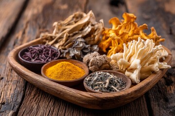 Aufkleber - Colorful array of dried herbs and mushrooms displayed on a wooden platter in a rustic setting