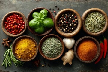 Aufkleber - Colorful assortment of spices and herbs arranged in wooden bowls on a dark stone background