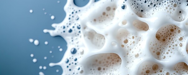Poster - White soap foam bubbles and suds macro close-up on blue background. Clean fresh washing detergent texture with copy space for text.